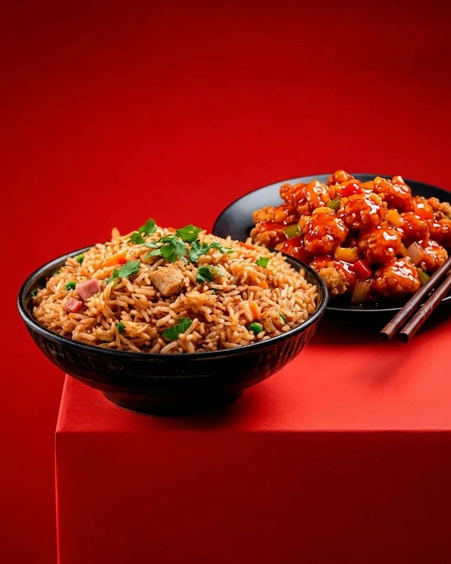 Arroz, pollo y jamón  + pollo agridulce