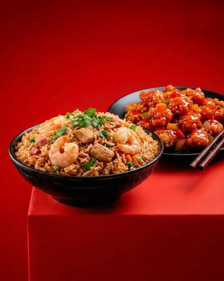 Arroz con camarones, pollo y jamón  + pollo agridulce