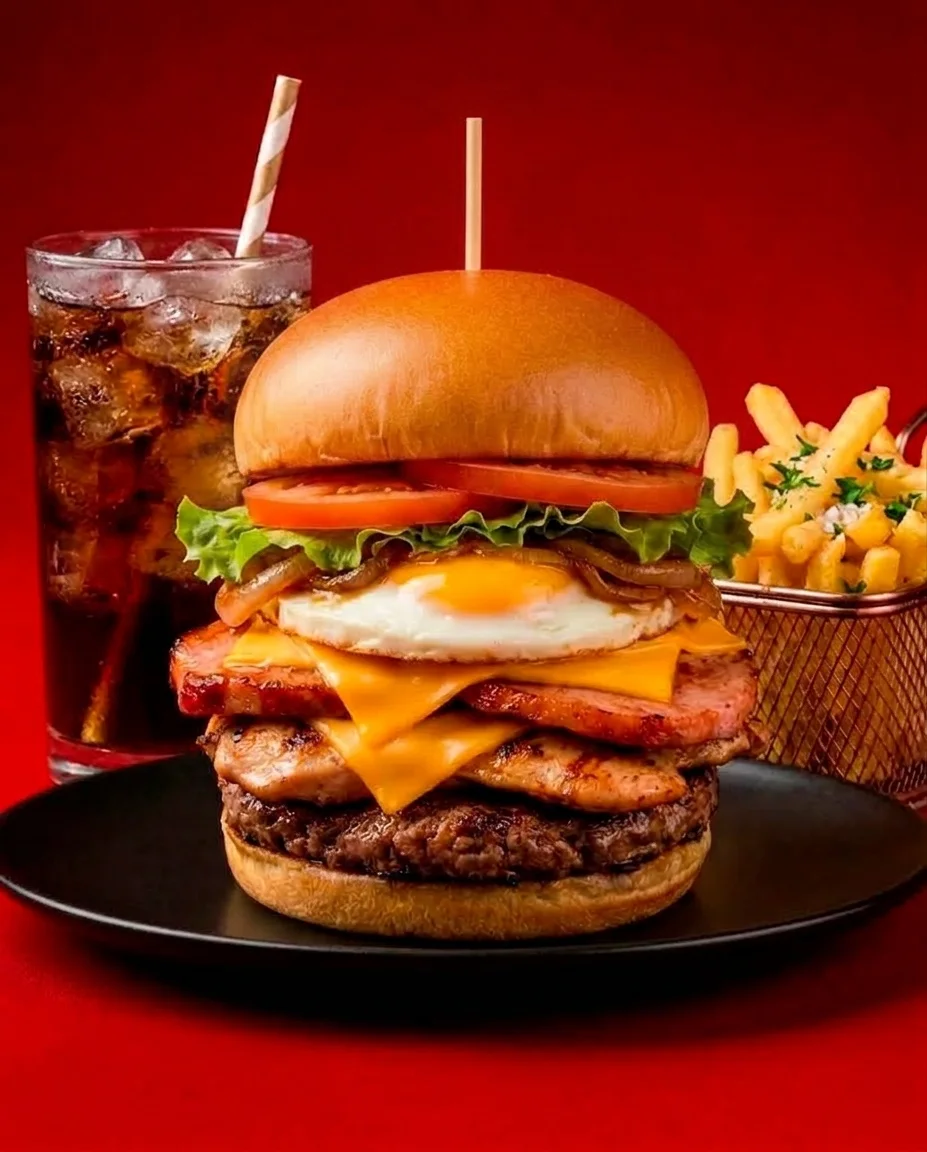 Burger Triple Proteína + Papas Fritas